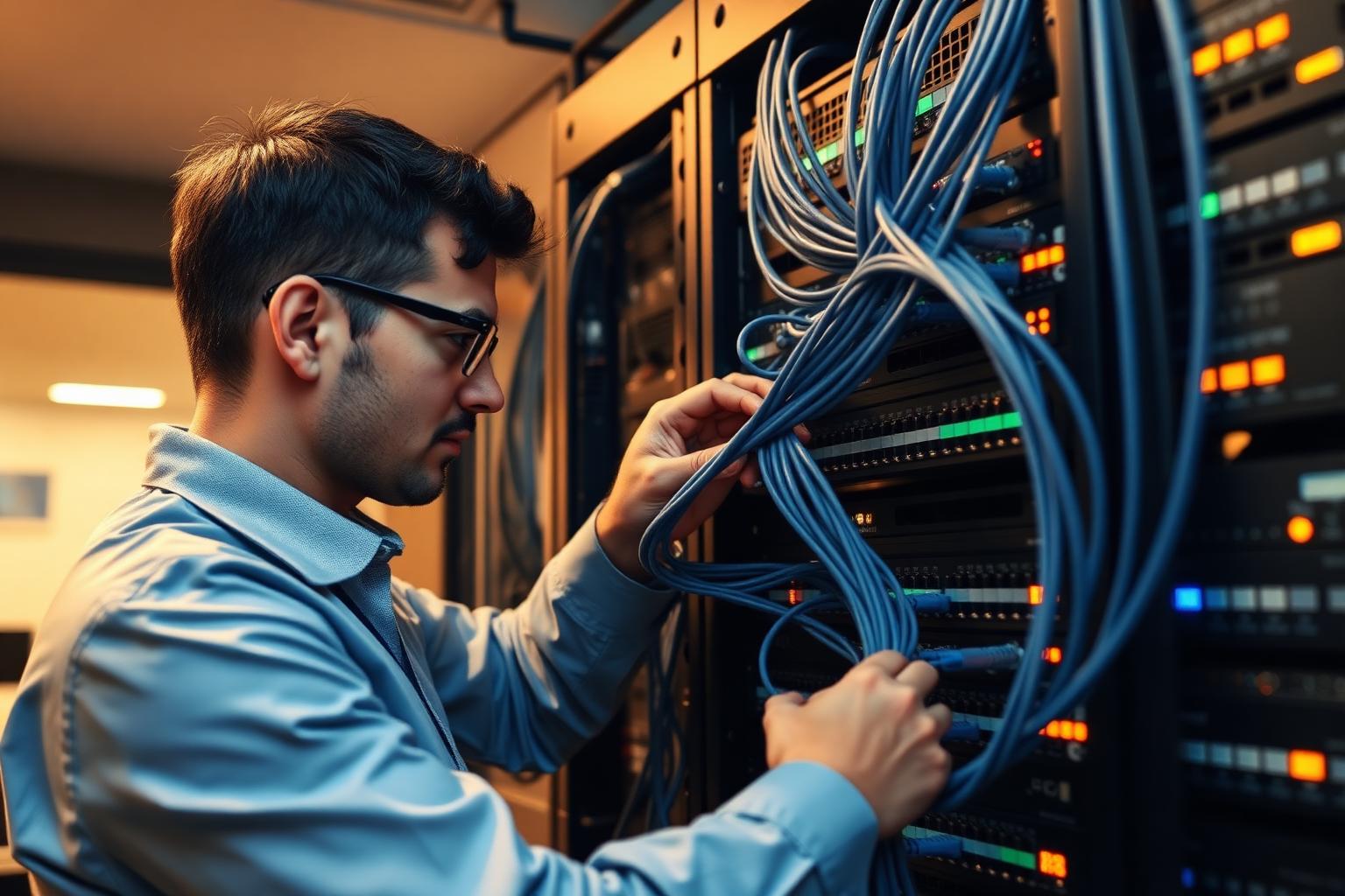 Technician connecting network cables in an office switch rack during a LAN setup