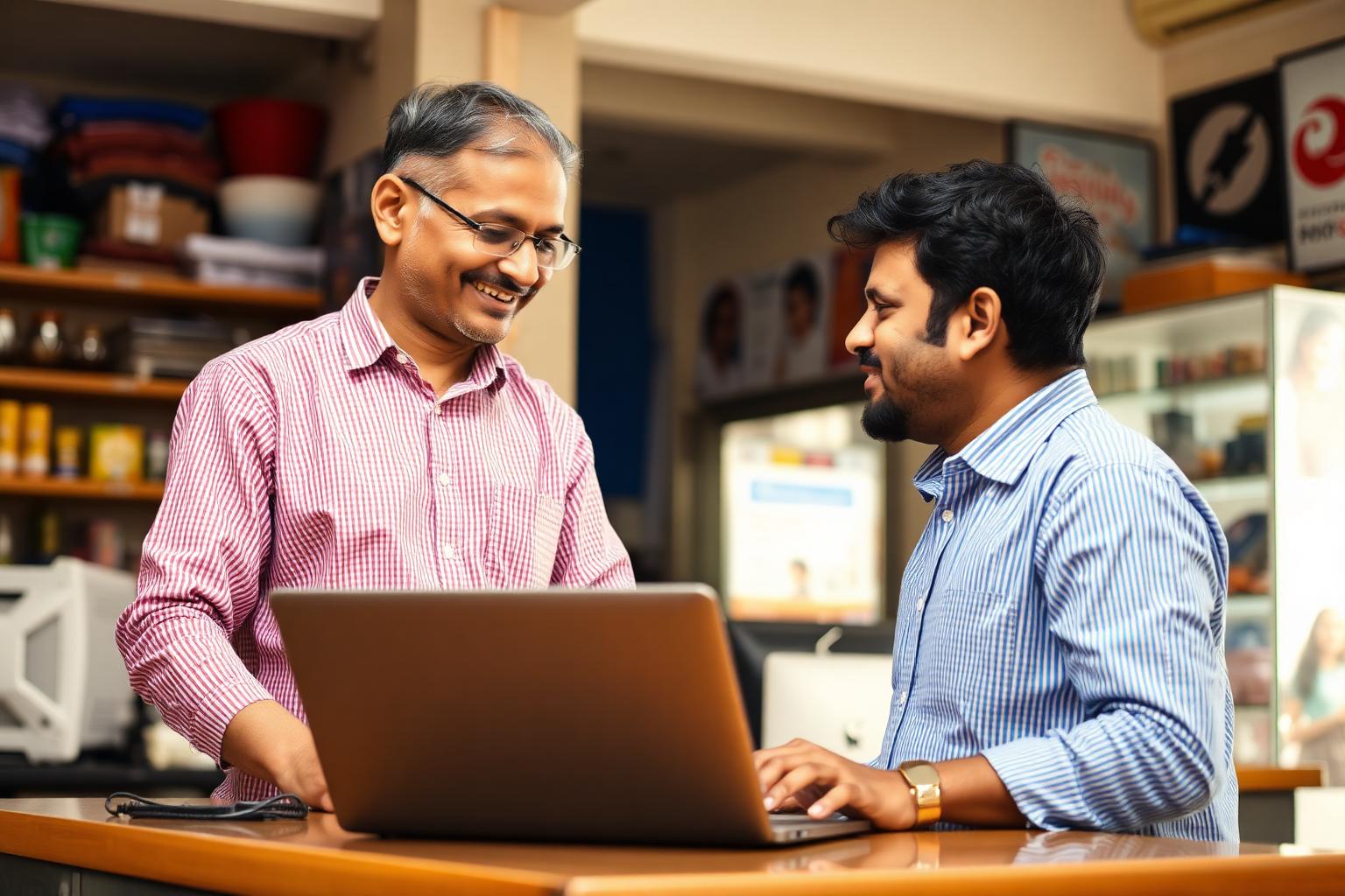 Shop technician explaining a laptop repair to a customer at the service counter