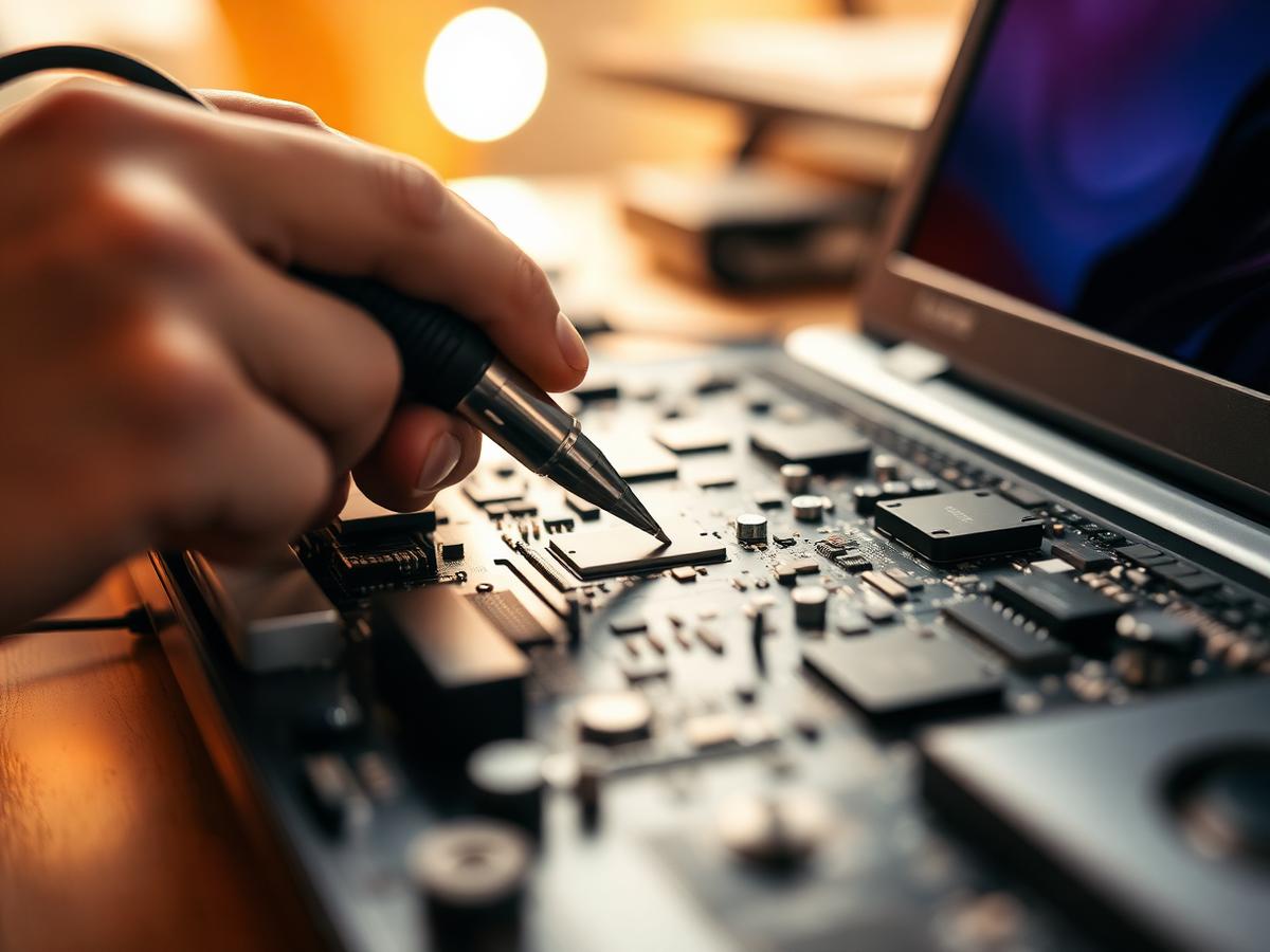 Technician repairing a laptop motherboard