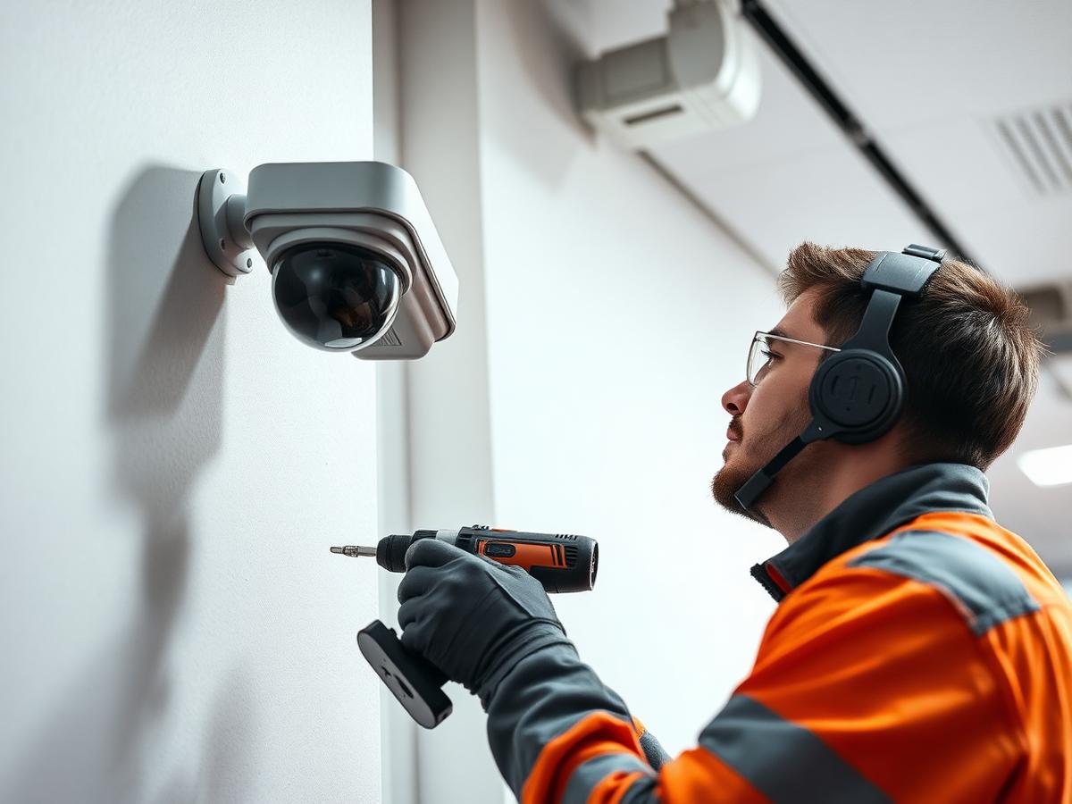 Technician installing a CCTV camera