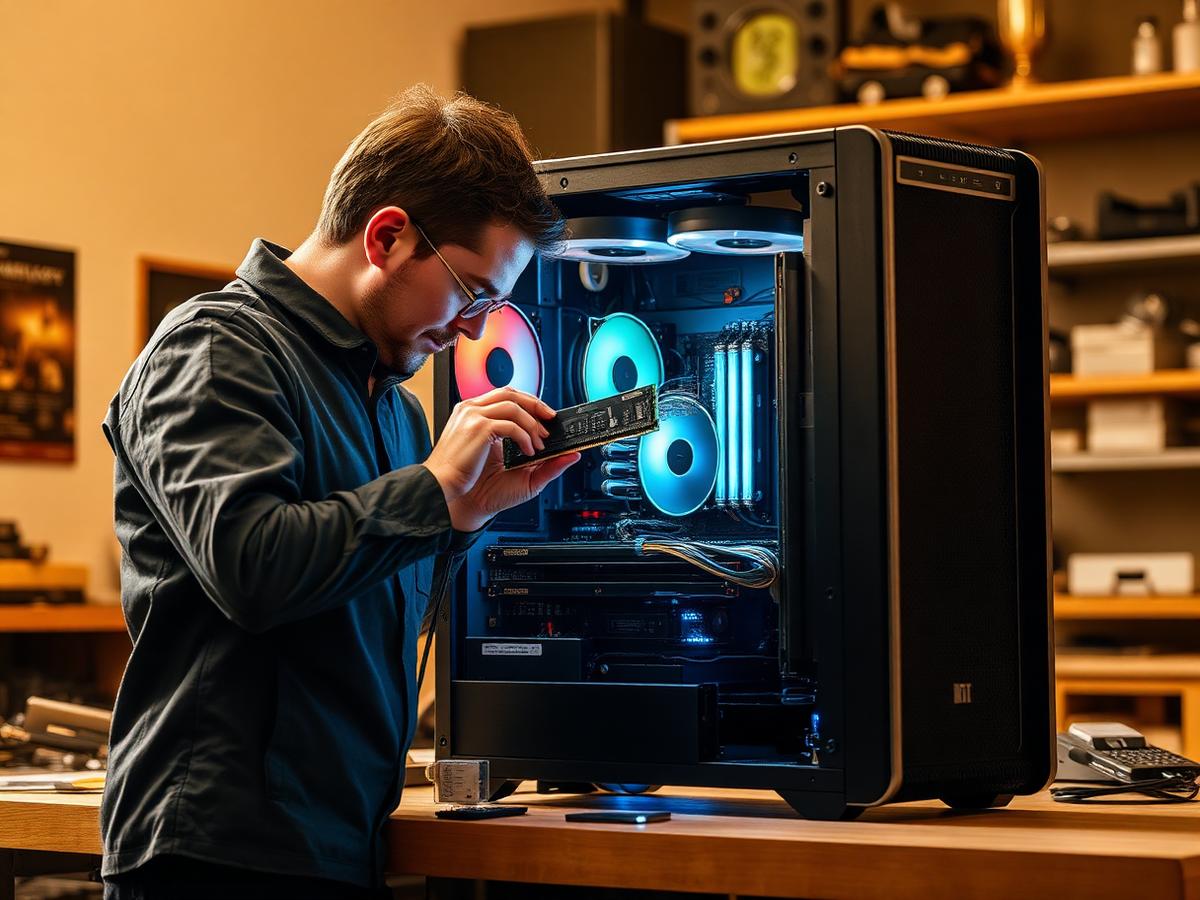 Technician assembling a desktop PC